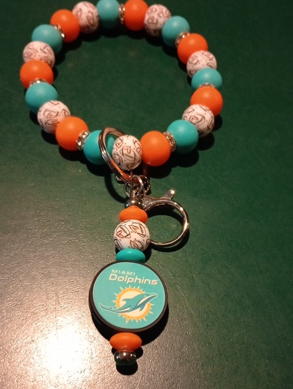 Miami Dolphins Beaded Keychain Bracelet - Teal & Orange
